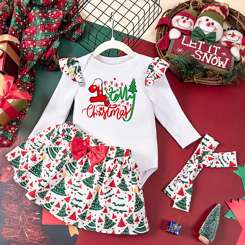 2024 New My First Christmas Baby Clothes Cute Print Cotton Romper Jumpsuit Skirt Headband Christmas Clothing Set for Baby Girls