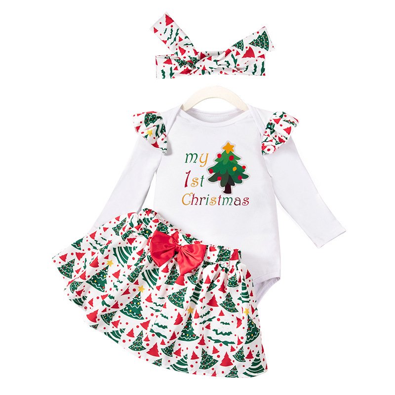 2024 New My First Christmas Baby Clothes Cute Print Cotton Romper Jumpsuit Skirt Headband Christmas Clothing Set for Baby Girls