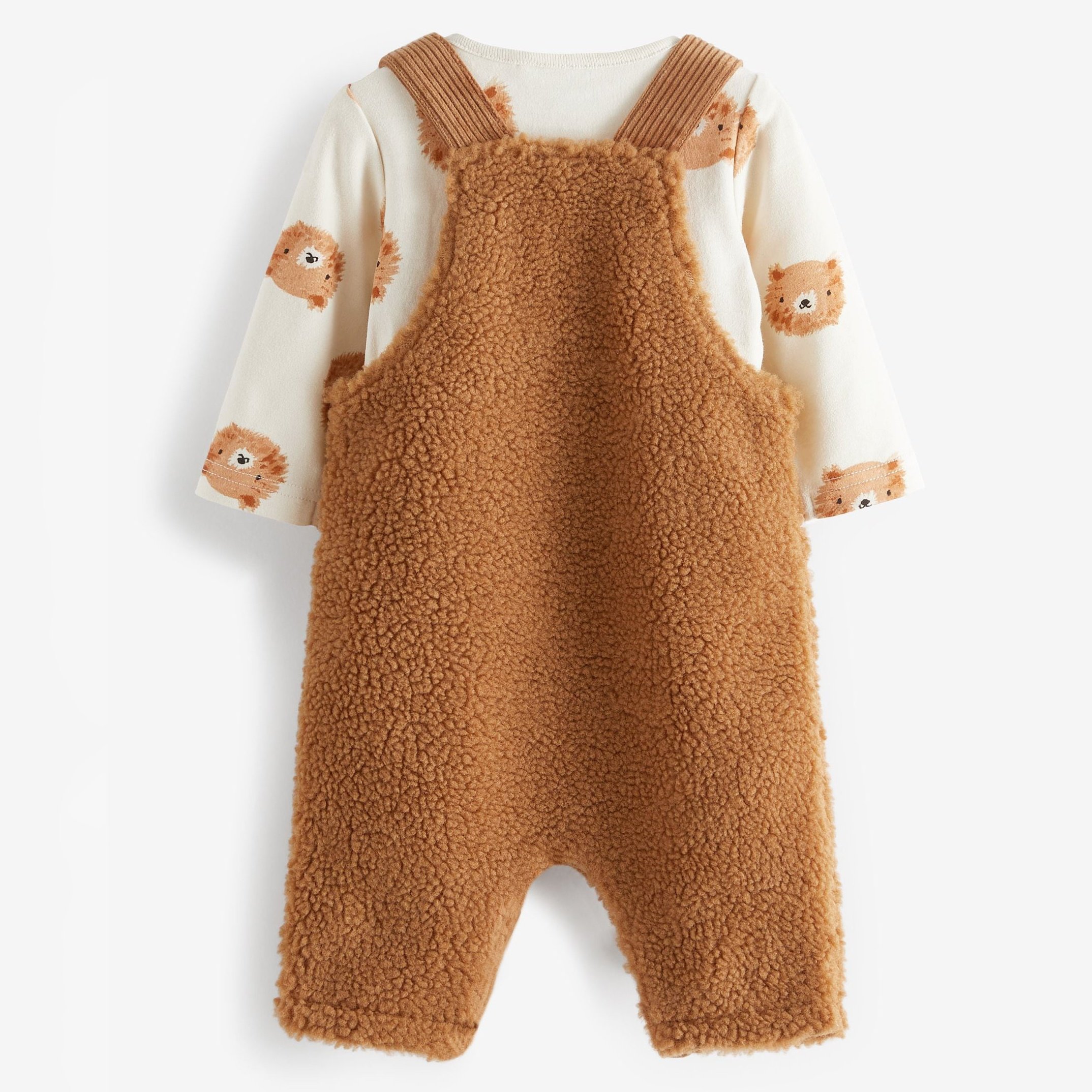 Tan Brown Supersoft Sherpa Fleece Baby Dungaree Overall Toddler Baby Bodysuit With Corduroy Pocket