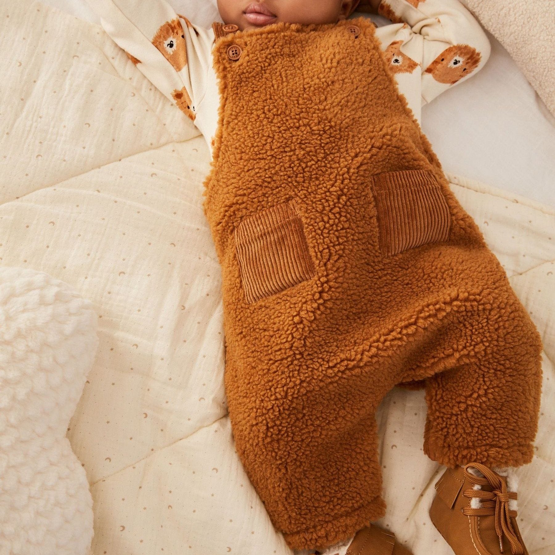 Tan Brown Supersoft Sherpa Fleece Baby Dungaree Overall Toddler Baby Bodysuit With Corduroy Pocket