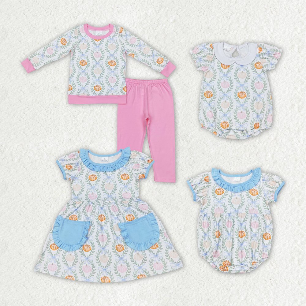 RTS Baby Newborn Infants Girls Fall Pumpkin Leaves Bows Ruffle Buttons Boutique Sister Sibling Bloomers Rompers
