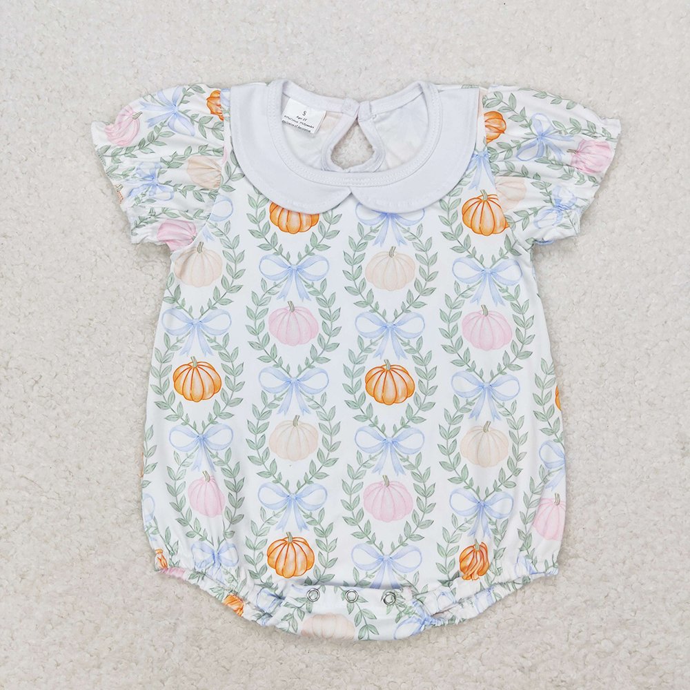 RTS Baby Newborn Infants Girls Fall Pumpkin Leaves Bows Ruffle Buttons Boutique Sister Sibling Bloomers Rompers