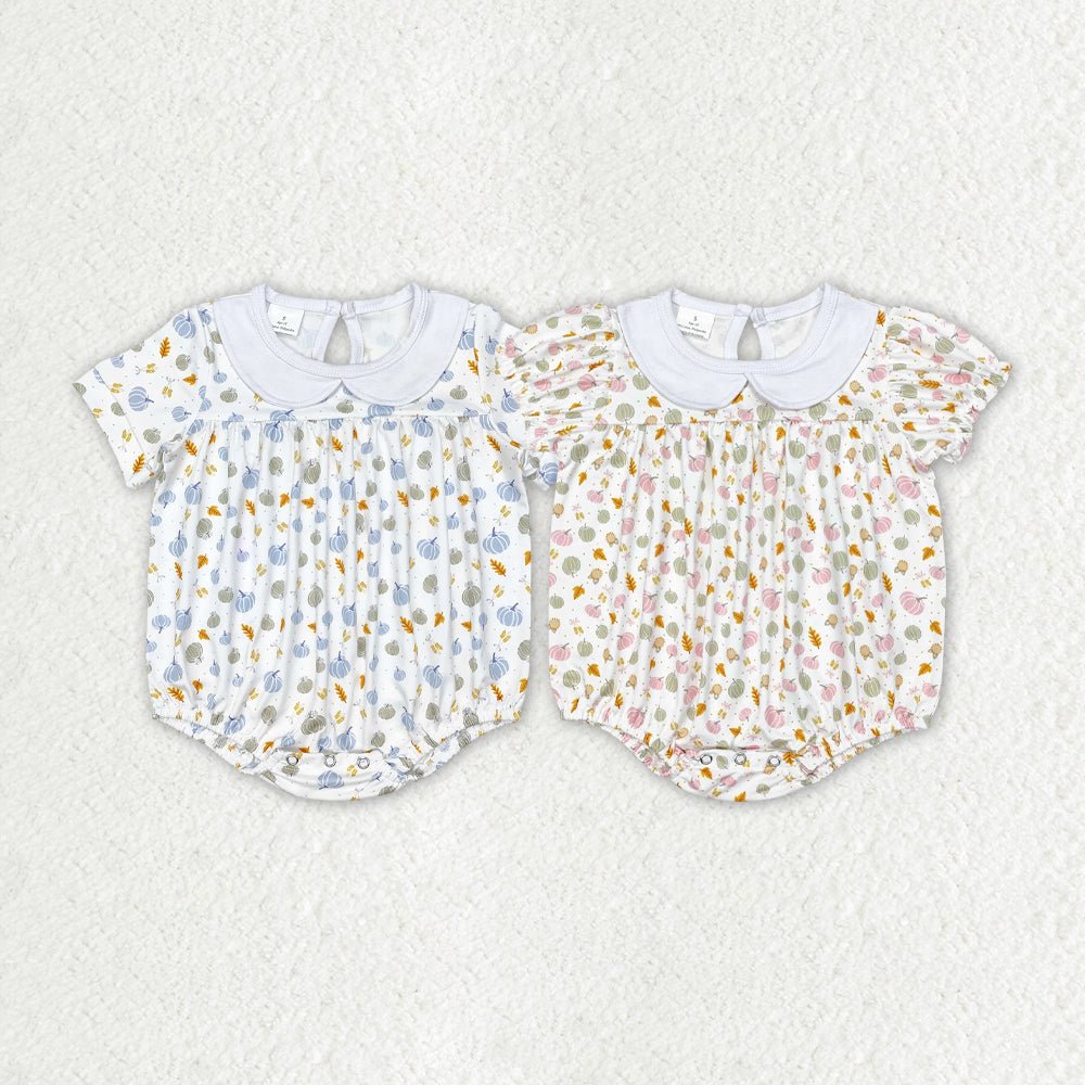 RTS Baby Newborn Infants Girls Fall Pumpkin Leaves Bows Ruffle Buttons Boutique Sister Sibling Bloomers Rompers