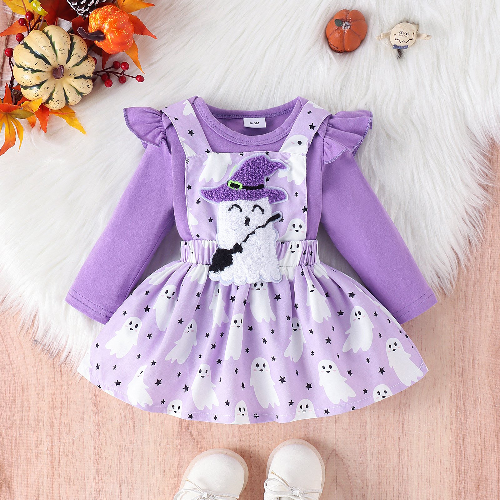 Happy Halloween !!! 2024 Brand New Design Solid Long sleeve Baby romper + Cartoon dress with straps