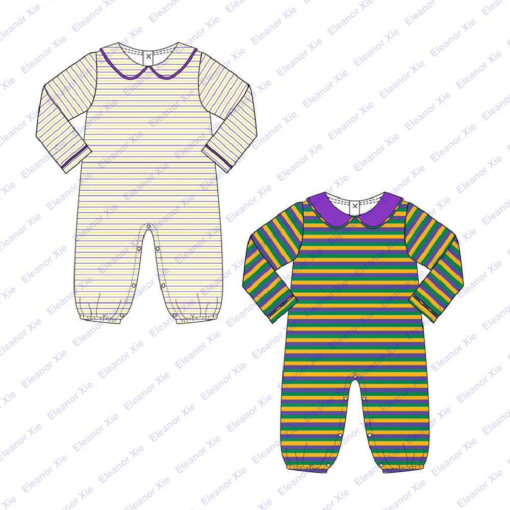 2025 Mardi Gras striped cotton baby boy clothes spring long sleeve peter pan collar toddler new born babies boys rompers