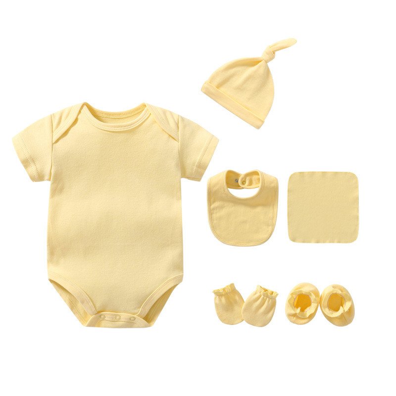180 G 100% Interlock Cotton 6 Pieces Hats Bibs Socks Newborn Kids Baby Romper Gift Set