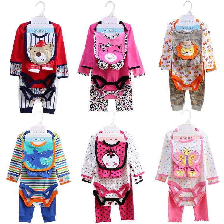 5 in 1 high quality organic cotton embroidered baby clothing set long sleeve baby romper matching with long pant&bibs&shoes