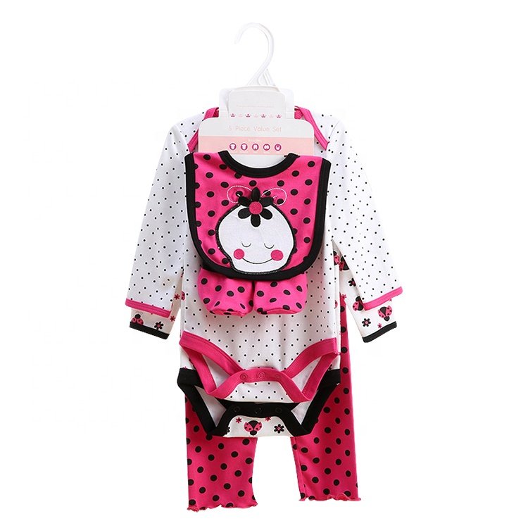 5 in 1 high quality organic cotton embroidered baby clothing set long sleeve baby romper matching with long pant&bibs&shoes