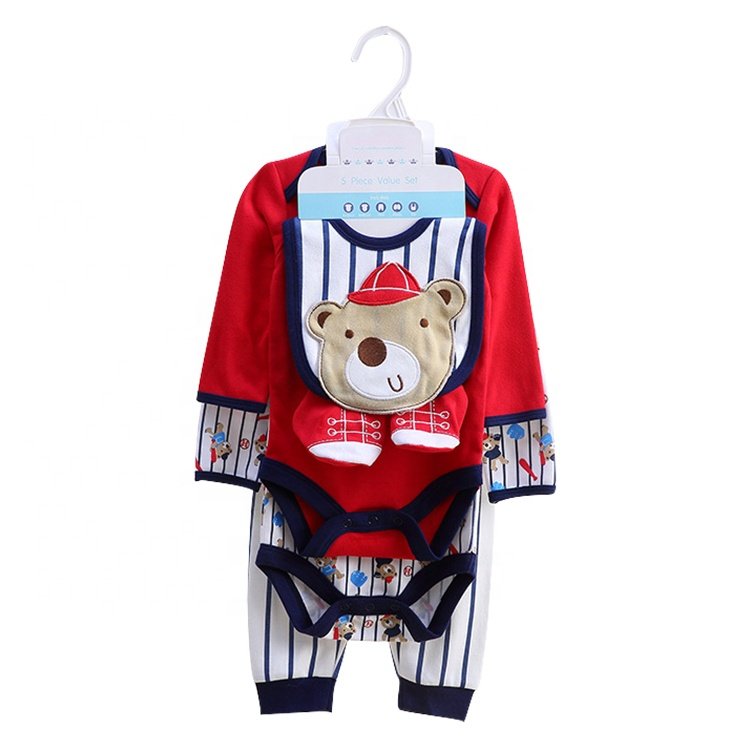 5 in 1 high quality organic cotton embroidered baby clothing set long sleeve baby romper matching with long pant&bibs&shoes