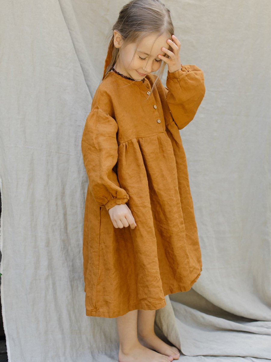 2024 new girls' long-sleeved dress Children's casual hand-embroidered cotton and linen solid color dress