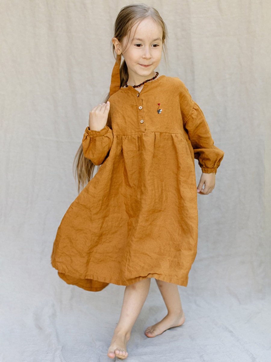 2024 new girls' long-sleeved dress Children's casual hand-embroidered cotton and linen solid color dress