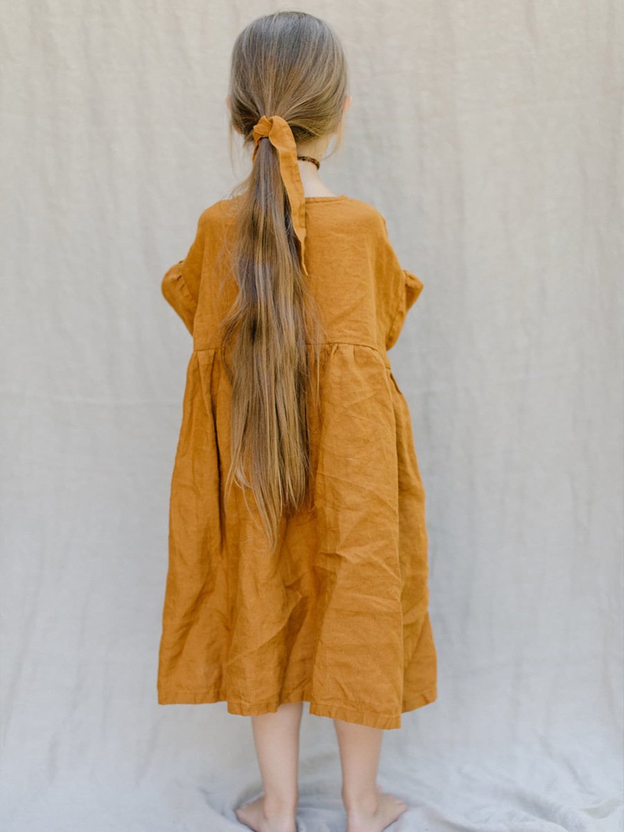 2024 new girls' long-sleeved dress Children's casual hand-embroidered cotton and linen solid color dress