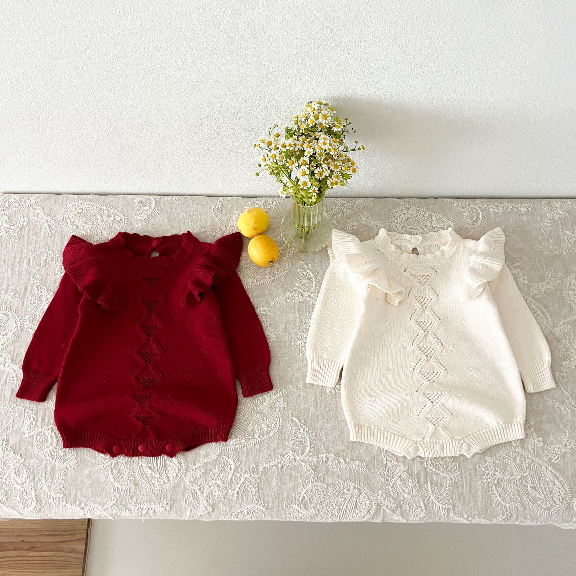Autumn and winter baby romper knitted flying sleeve pullover sweater baby girls lace jumpsuit crawling clothes