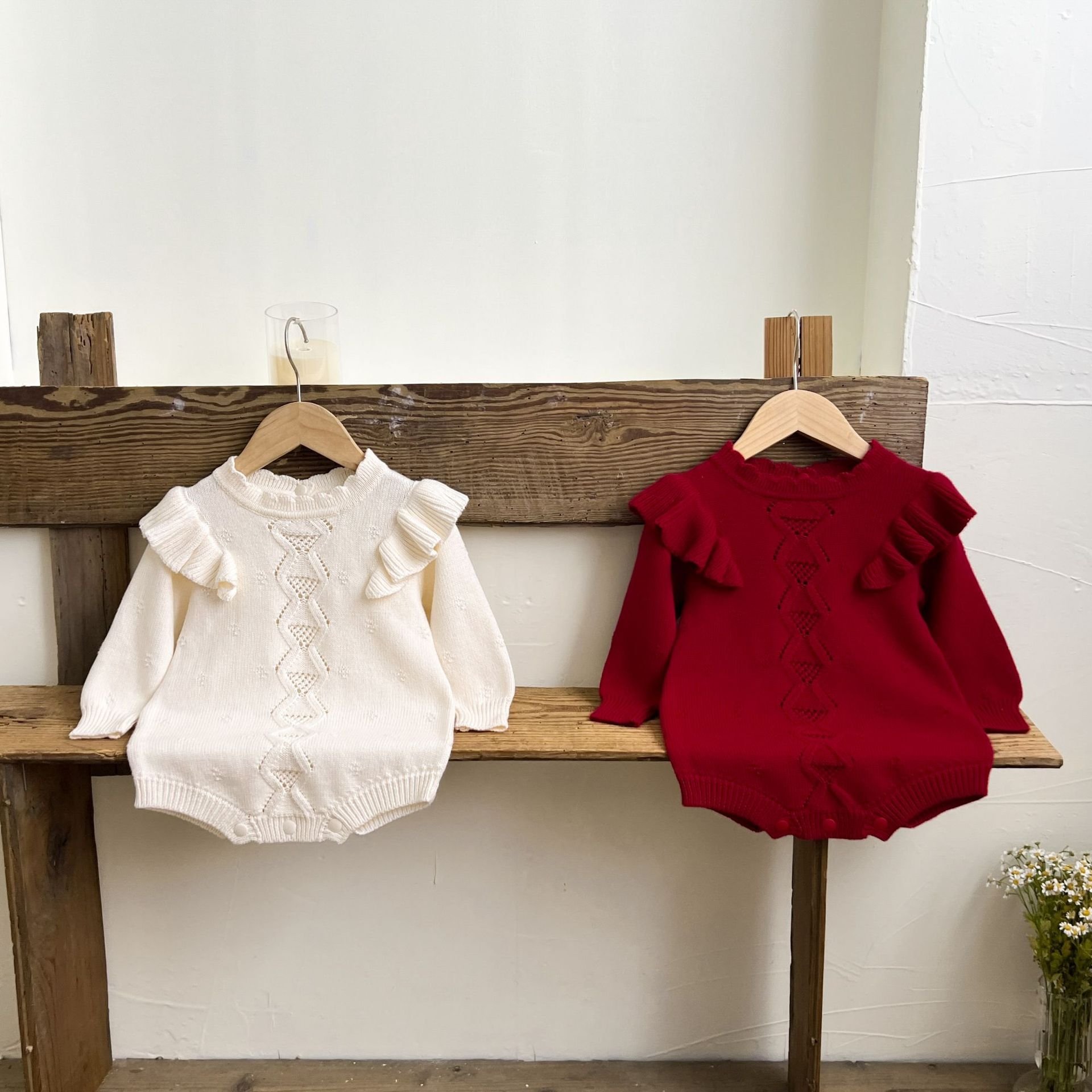 Autumn and winter baby romper knitted flying sleeve pullover sweater baby girls lace jumpsuit crawling clothes
