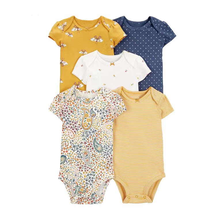 5pcs in 1 bag Cotton Printed Patterns Baby Clothes Infant Toddler Girls and Boys Short Sleeve Baby Rompers