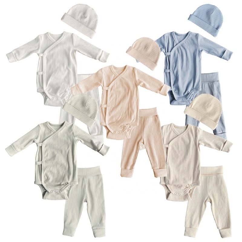 Wholesale ribbed Cotton newborn bodysuit pants cap baby clothes sets cotton newborn adjustable wrap baby bodyvest clothes sets