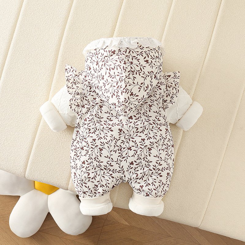 2024 New Winter Baby Rompers Newborn Thicken Brushed Romper Baby Girls Cute Bowknot Sweet Floral Rompers Baby Hooded Out Clothes