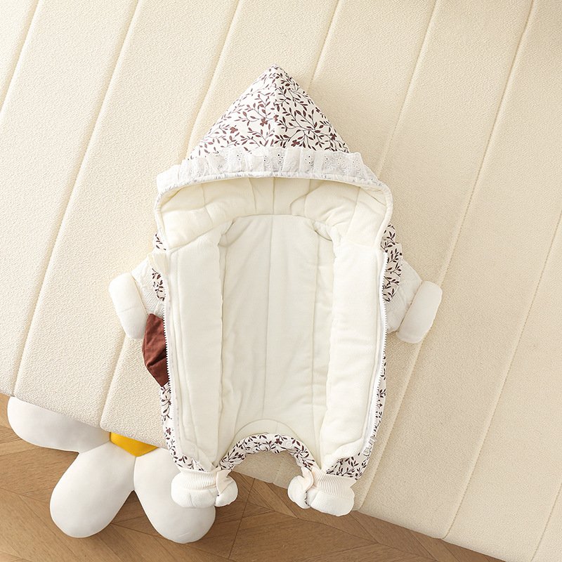 2024 New Winter Baby Rompers Newborn Thicken Brushed Romper Baby Girls Cute Bowknot Sweet Floral Rompers Baby Hooded Out Clothes