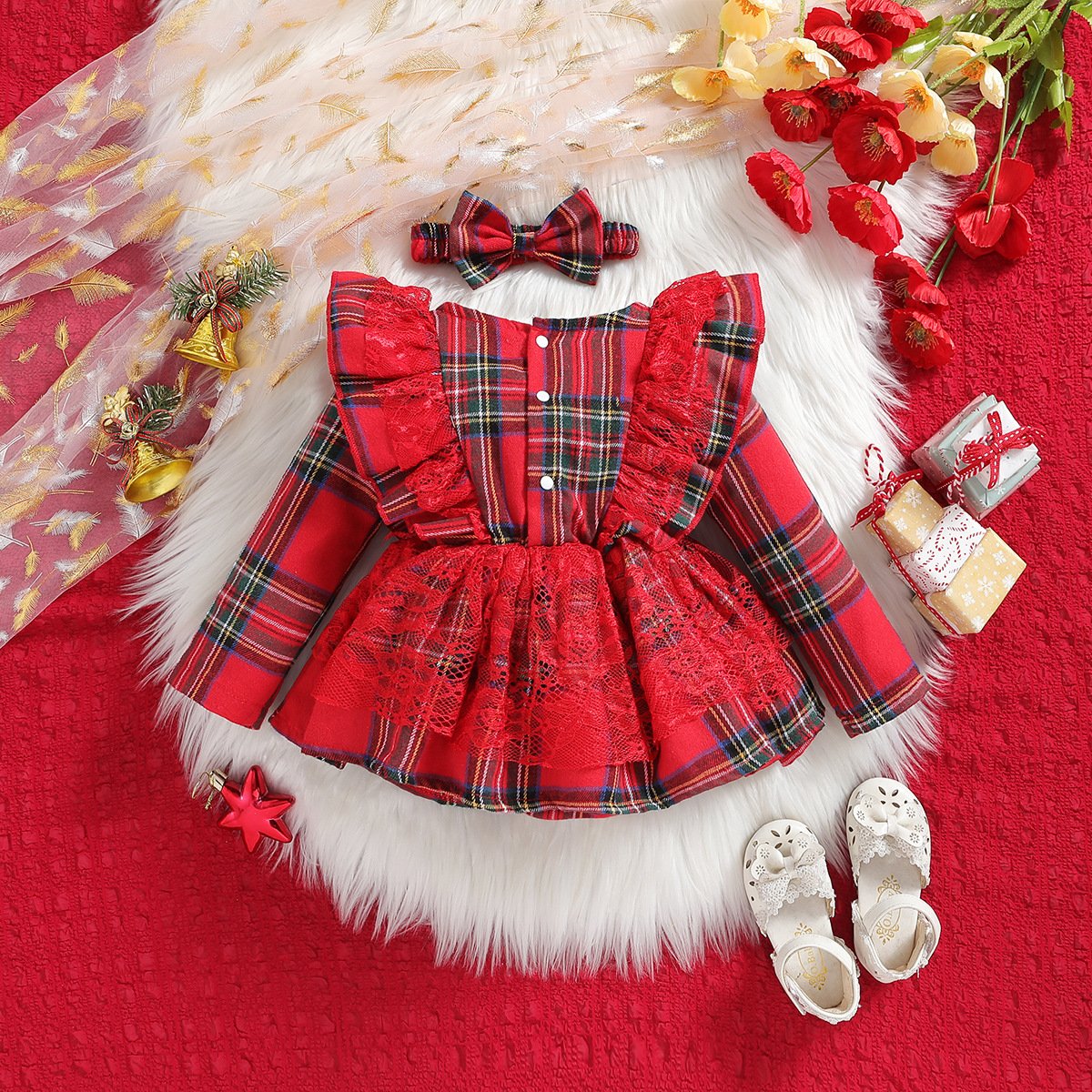 Christmas Day Winter Autumn Toddlers Bodysuits Plaid Lace Unisex Baby Romper