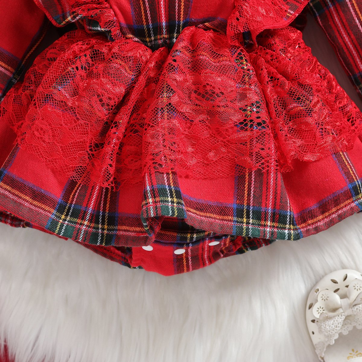 Christmas Day Winter Autumn Toddlers Bodysuits Plaid Lace Unisex Baby Romper
