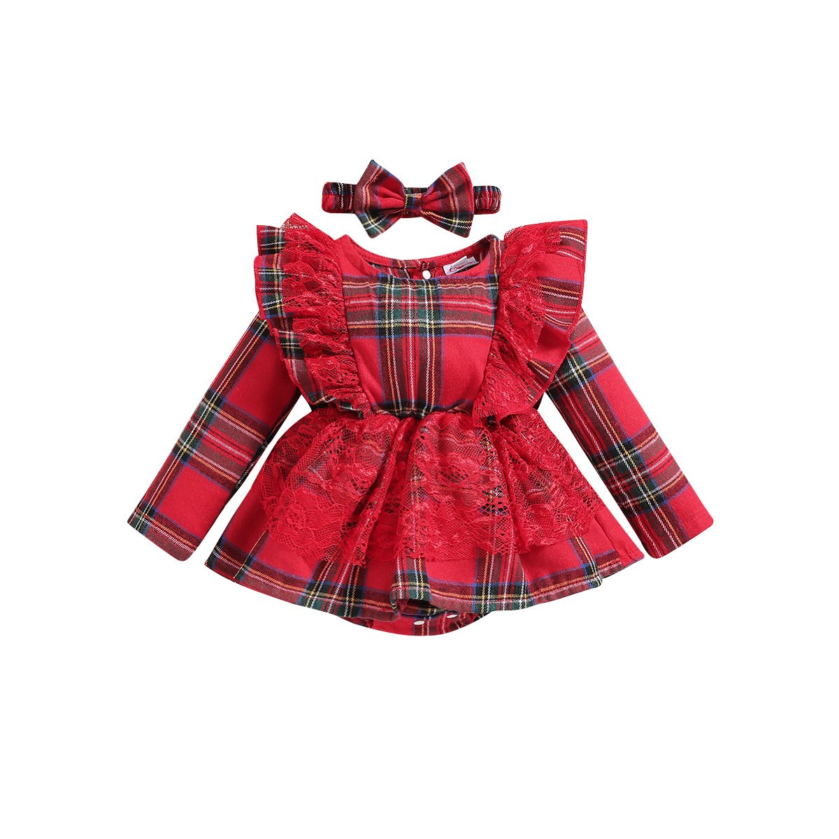 Christmas Day Winter Autumn Toddlers Bodysuits Plaid Lace Unisex Baby Romper