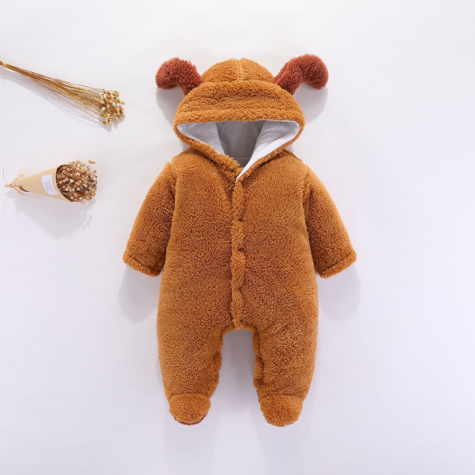 Baby Crawl Clothes Winter Fleece Puffer Thick Warm Hooded Button Jumpsuit Newborn Infants Toddlers Flannel Outwear Romper