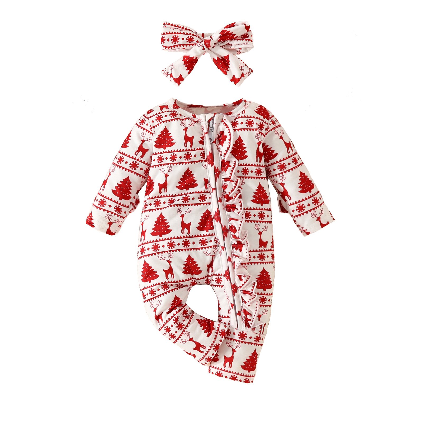 Wholesale Christmas Long Sleeved Newborns Baby Rompers Headband 2-Piece Sets Zipper Toddler Jumpsuit For Babies Clothes