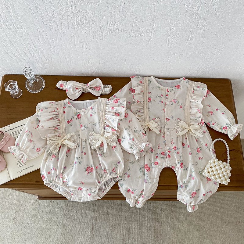 Baby Sisters Clothes Autumn Girls Long Sleeve Romper Hairband Print Infant Flower Bodysuit