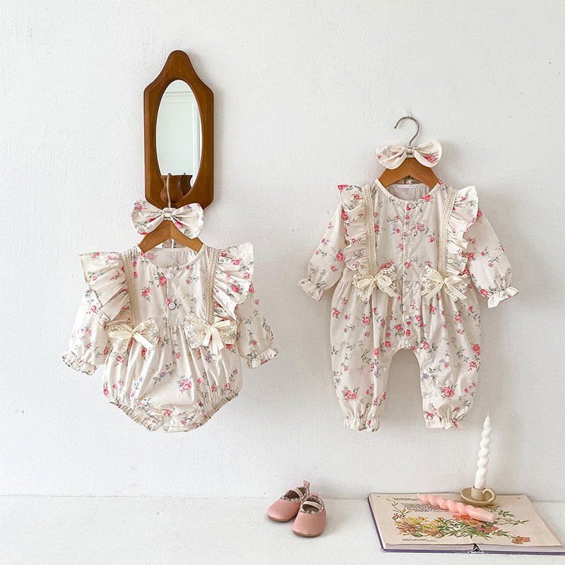Baby Sisters Clothes Autumn Girls Long Sleeve Romper Hairband Print Infant Flower Bodysuit
