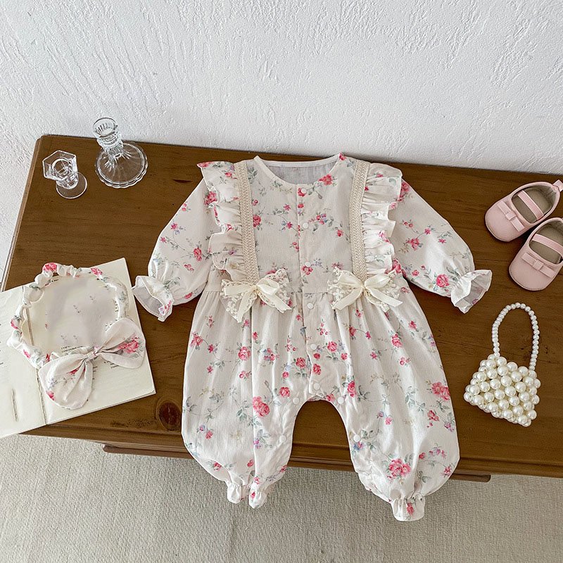 Baby Sisters Clothes Autumn Girls Long Sleeve Romper Hairband Print Infant Flower Bodysuit
