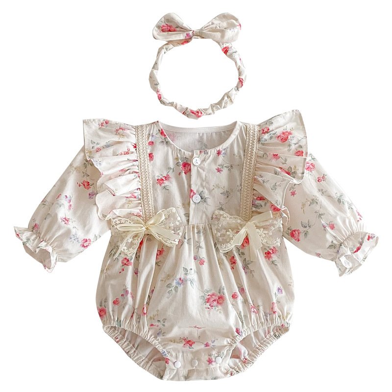 Baby Sisters Clothes Autumn Girls Long Sleeve Romper Hairband Print Infant Flower Bodysuit