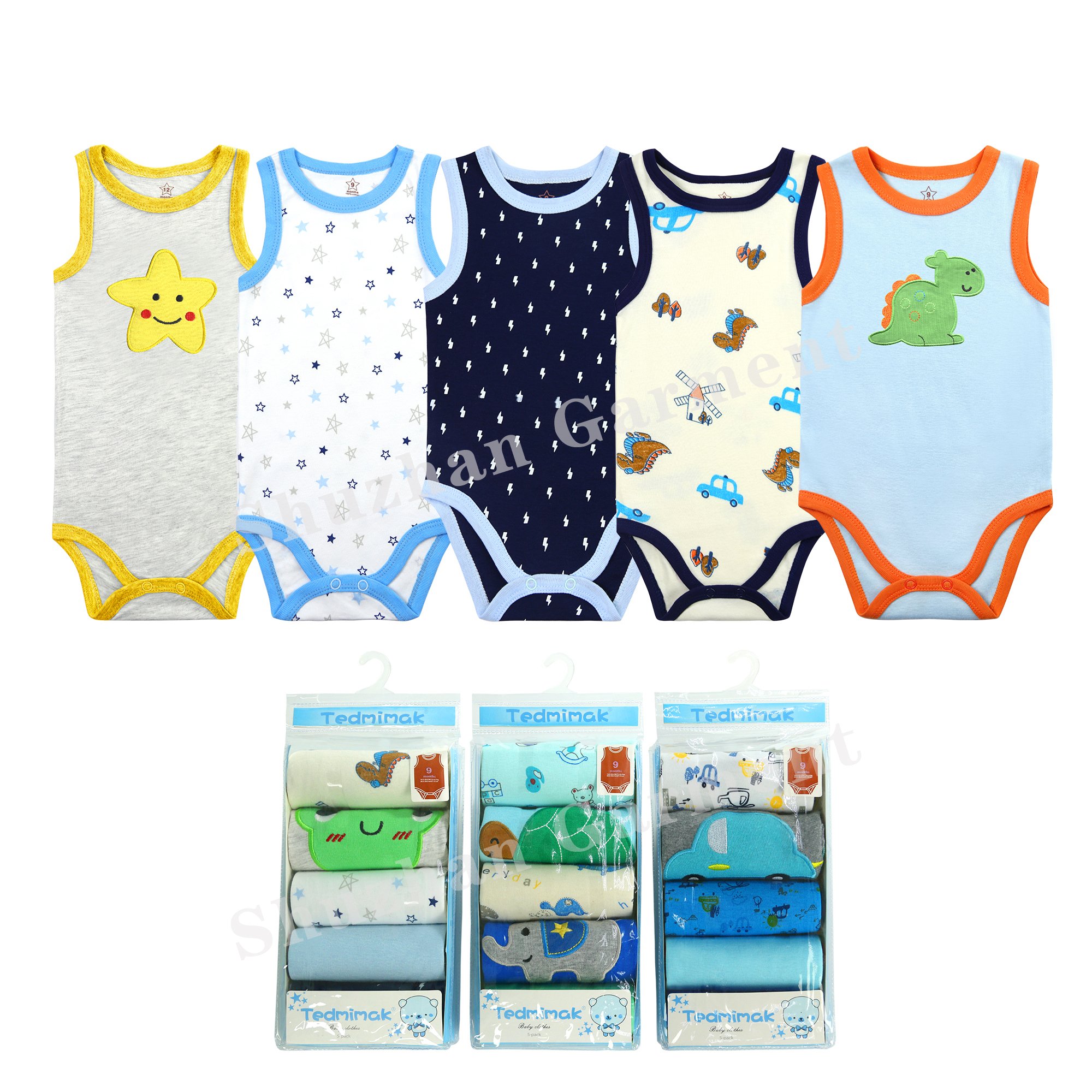 5-piece Infants Newborn Boys Girls Sleeveless Summer Jumpsuit Cotton Clothes Baby Summer Romper Set for Infant Cotton Fabric