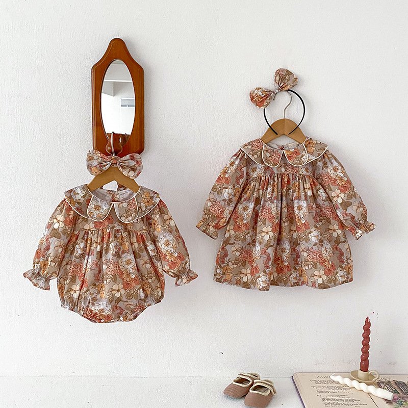 2024 Autumn baby clothes baby girl doll collar lace romper girl dress onesie sisters outfit