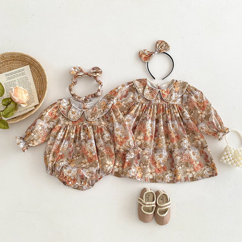 2024 Autumn baby clothes baby girl doll collar lace romper girl dress onesie sisters outfit