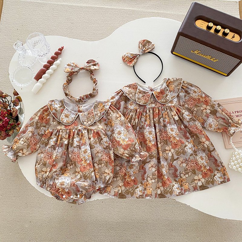 2024 Autumn baby clothes baby girl doll collar lace romper girl dress onesie sisters outfit