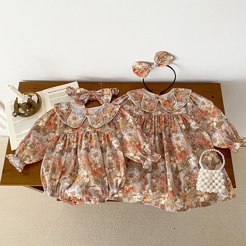 2024 Autumn baby clothes baby girl doll collar lace romper girl dress onesie sisters outfit