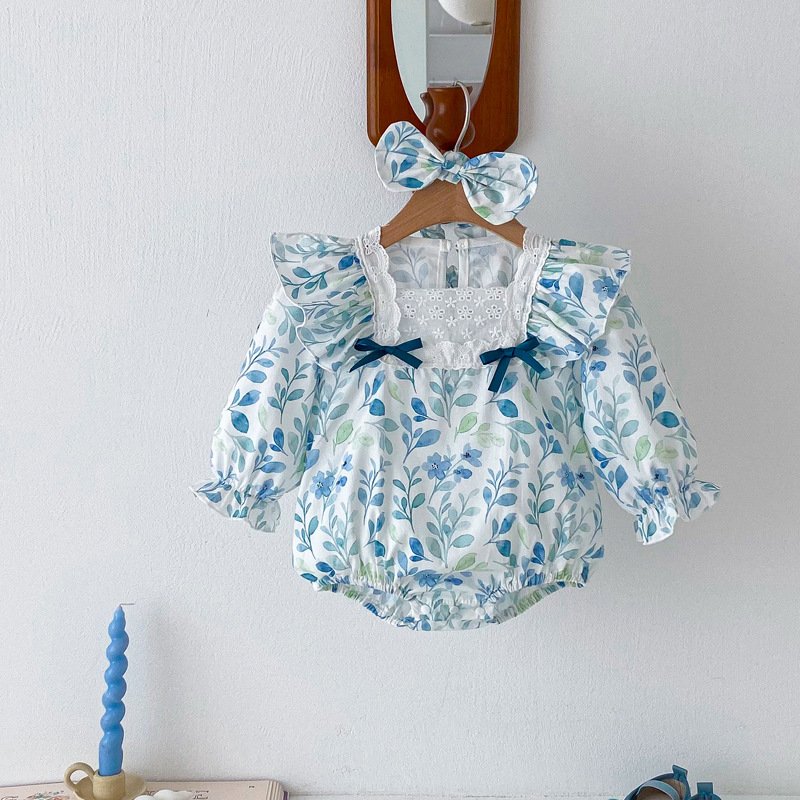 Baby romper 2024 Spring newborn long sleeve lace onesie girl baby blue flying sleeve triangle climbing romper