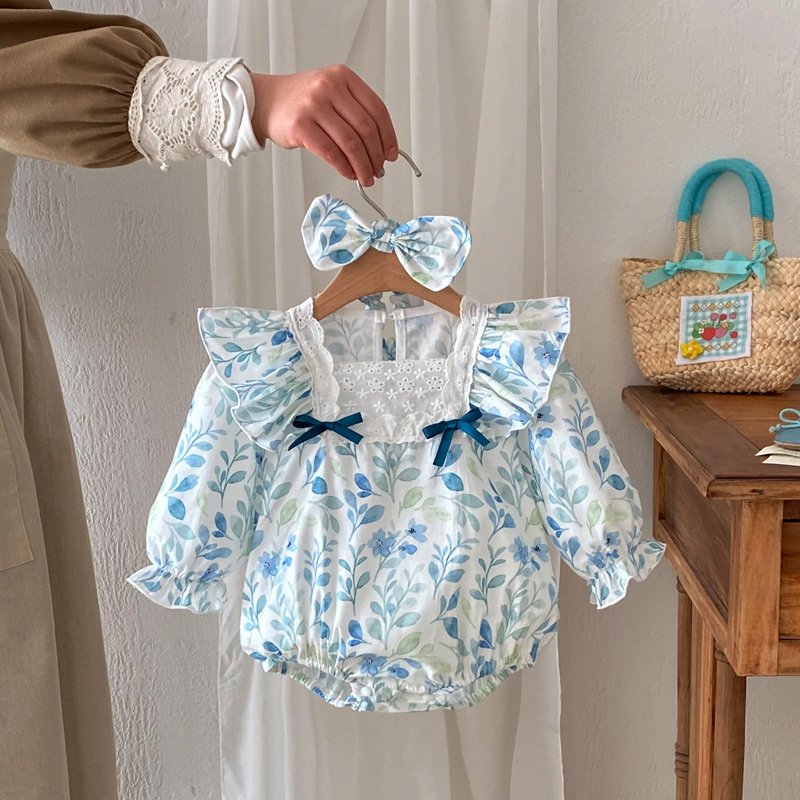 Baby romper 2024 Spring newborn long sleeve lace onesie girl baby blue flying sleeve triangle climbing romper