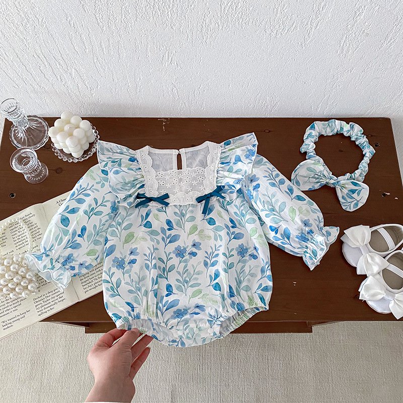 Baby romper 2024 Spring newborn long sleeve lace onesie girl baby blue flying sleeve triangle climbing romper