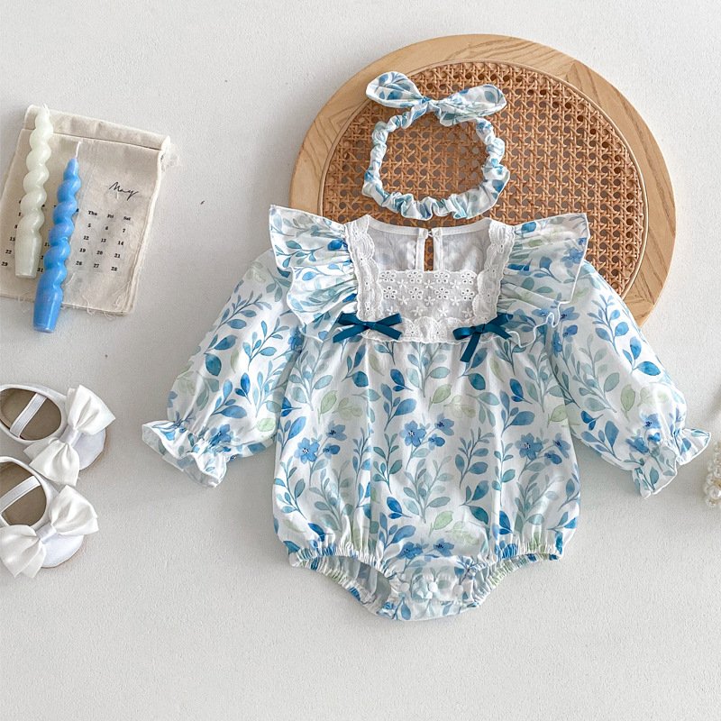 Baby romper 2024 Spring newborn long sleeve lace onesie girl baby blue flying sleeve triangle climbing romper