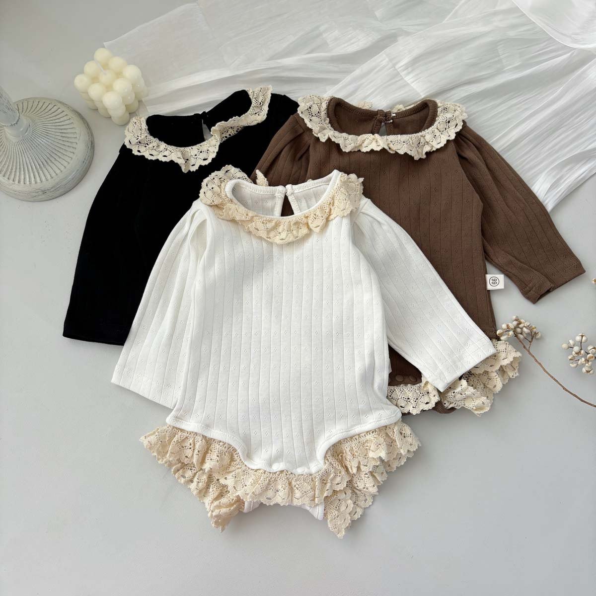Wholesale 2024 Fall Baby Clothing Fashion Cutout Lace Round Neck Pit Strip Long Sleeve Baby Rompers