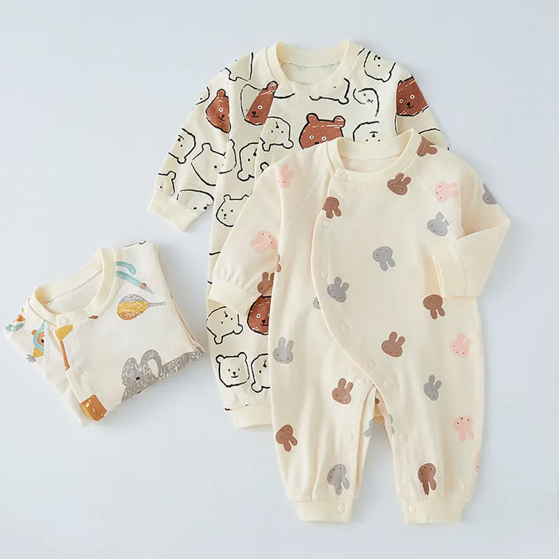 Unisex Newborn Baby Romper with Long Sleeves Casual Style Spring Animal Pattern Knitted Fabric Snap Button Closure for Babies