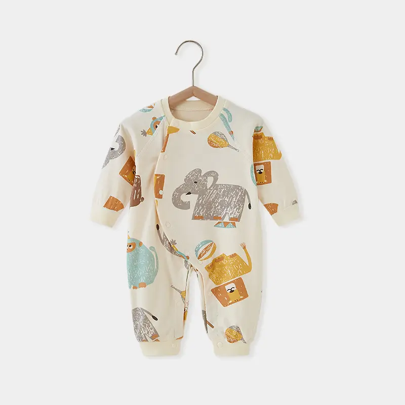 Unisex Newborn Baby Romper with Long Sleeves Casual Style Spring Animal Pattern Knitted Fabric Snap Button Closure for Babies