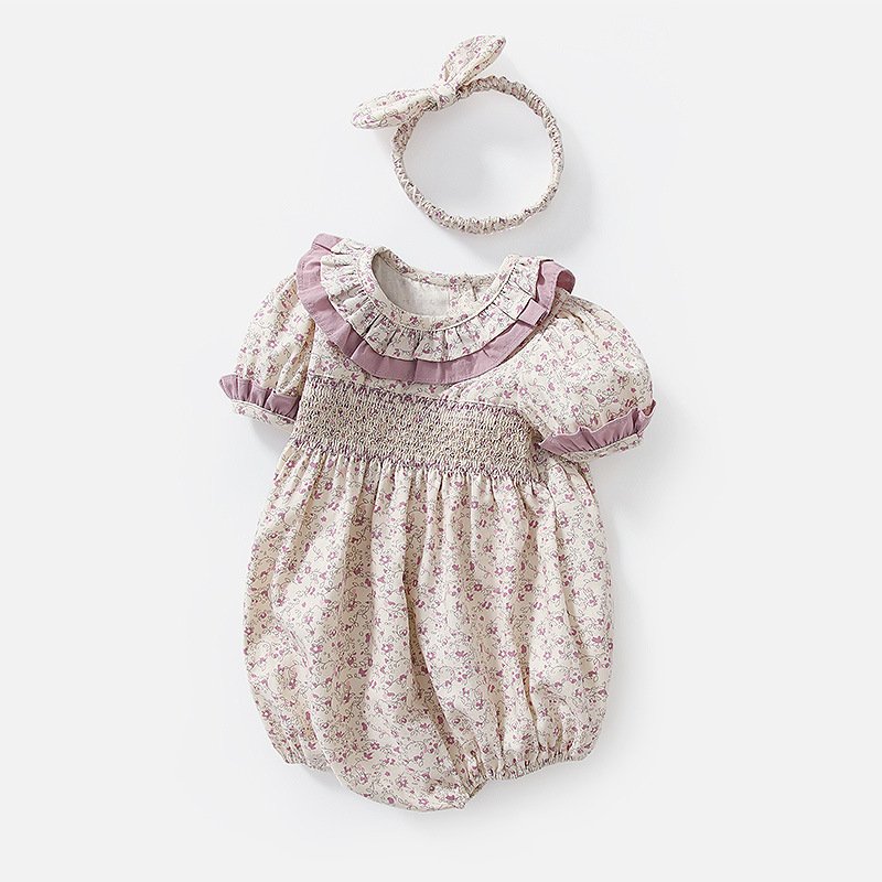 Summer kids clothing girls' dresses short sleeves peter pan collar summer 100% cotton smocked baby rompers