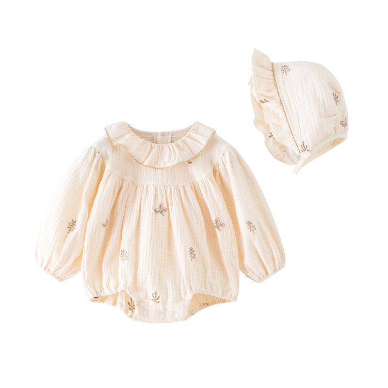 2024 Autumn New Style High Quality Baby Clothing 100%Cotton Ruffle Collar Infant Jumpsuit Sweet Baby Muslin Romper with Hat