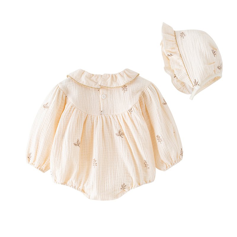 2024 Autumn New Style High Quality Baby Clothing 100%Cotton Ruffle Collar Infant Jumpsuit Sweet Baby Muslin Romper with Hat