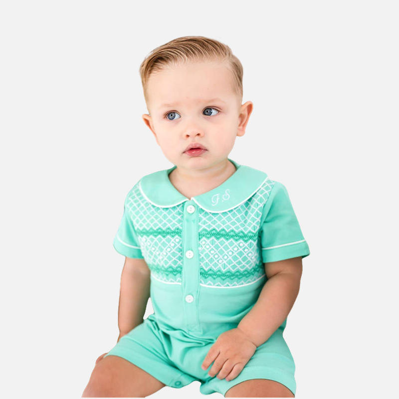 Custom ODM Summer Cotton Mint Smocked Baby Rompers Comfortable Short Sleeve Embroidery Jumpsuit Baby Sleepwear Kids Pajamas