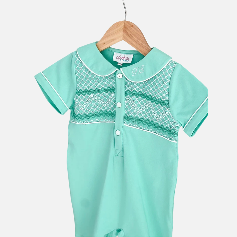 Custom ODM Summer Cotton Mint Smocked Baby Rompers Comfortable Short Sleeve Embroidery Jumpsuit Baby Sleepwear Kids Pajamas