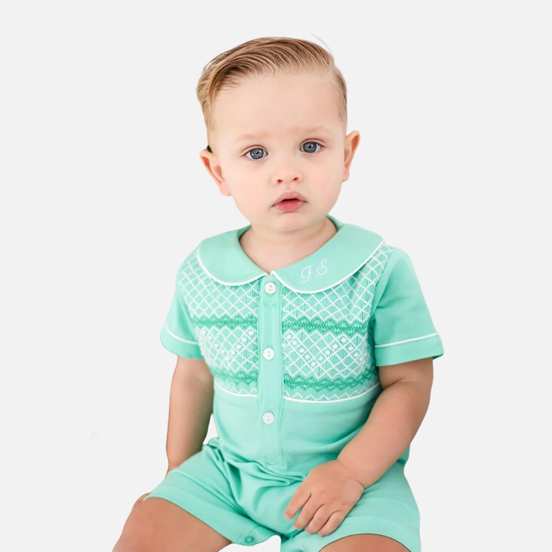 Custom ODM Summer Cotton Mint Smocked Baby Rompers Comfortable Short Sleeve Embroidery Jumpsuit Baby Sleepwear Kids Pajamas