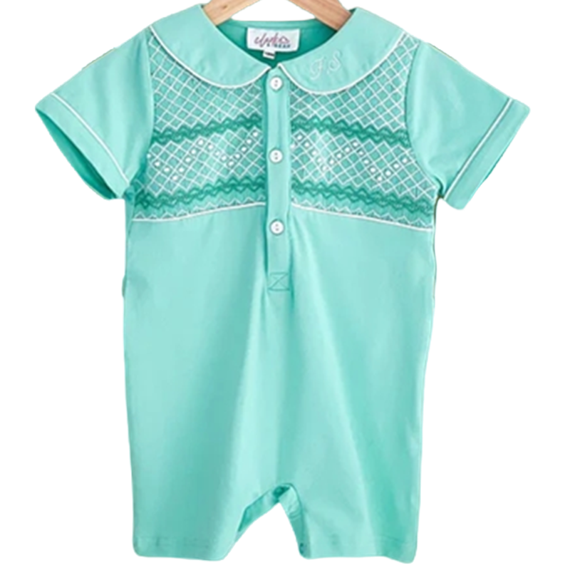 Custom ODM Summer Cotton Mint Smocked Baby Rompers Comfortable Short Sleeve Embroidery Jumpsuit Baby Sleepwear Kids Pajamas
